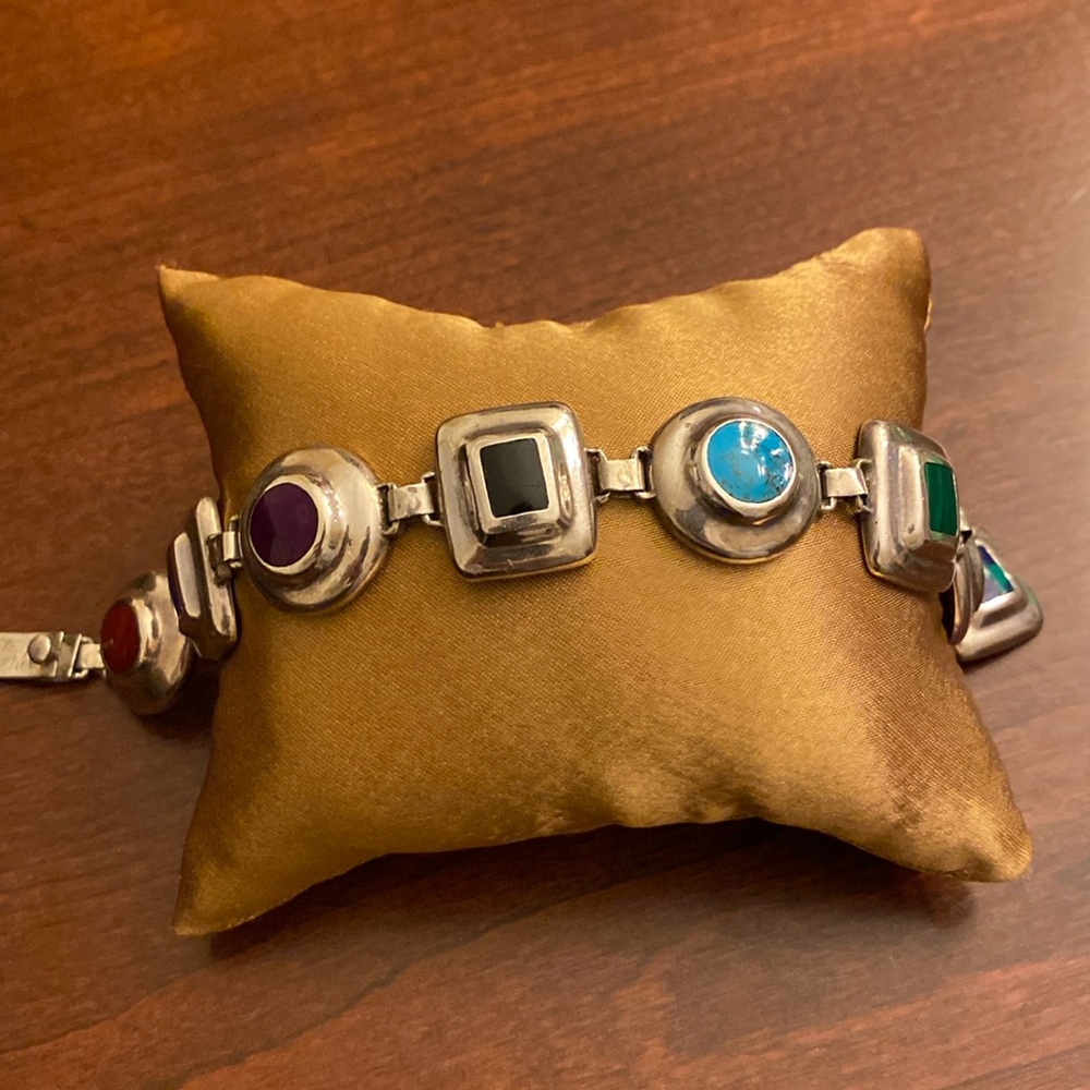 Mexico Southwestern Sterling Silver Link Bracelet with Inlay Gemstones. VTG.